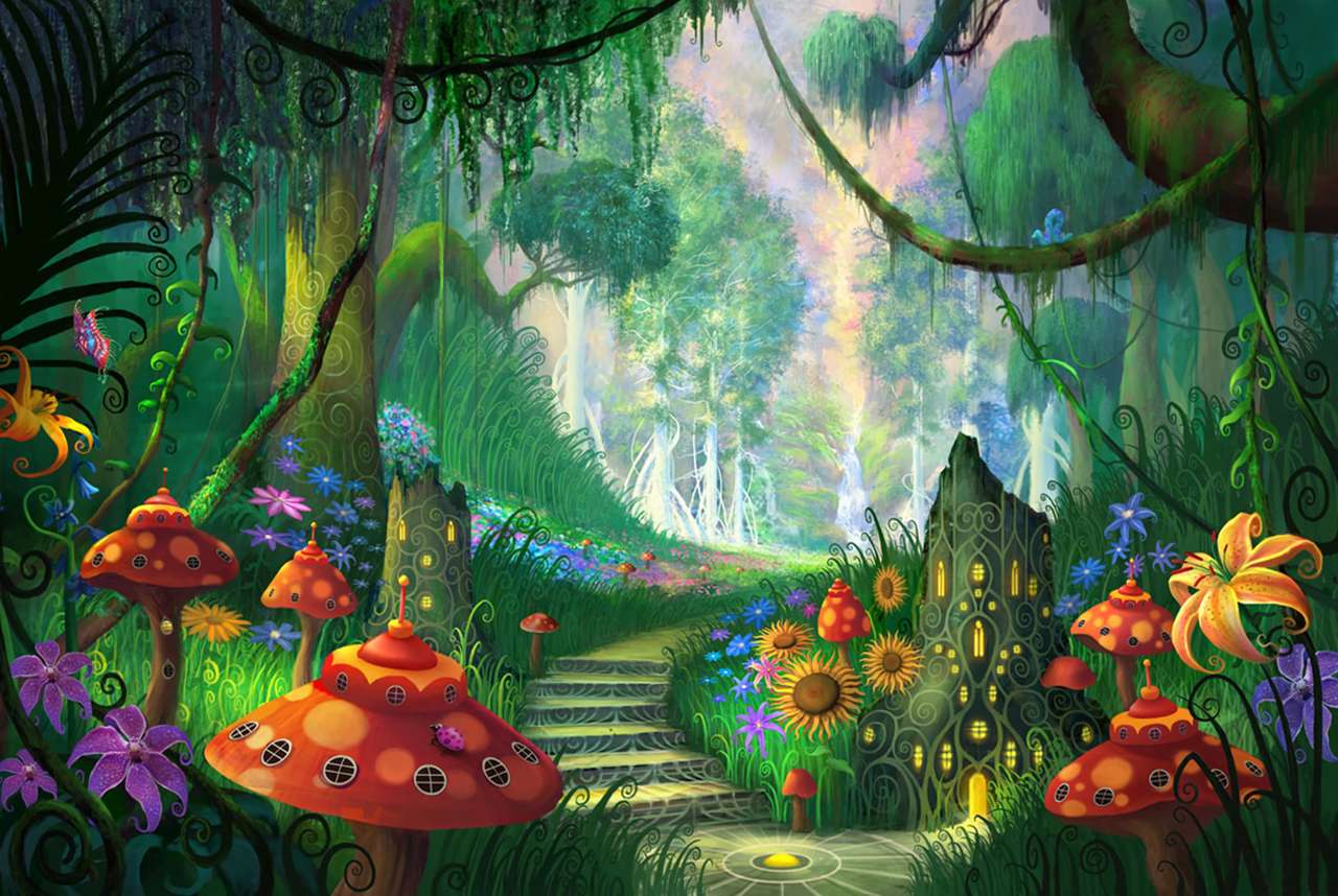 Conte de fées forêt fleurs champignons puzzle en ligne
