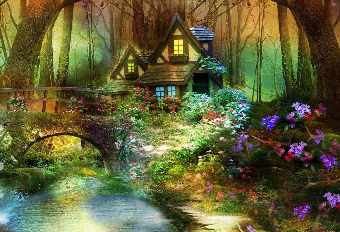 Forêt de conte de fées avec maison et fleurs de pont puzzle en ligne