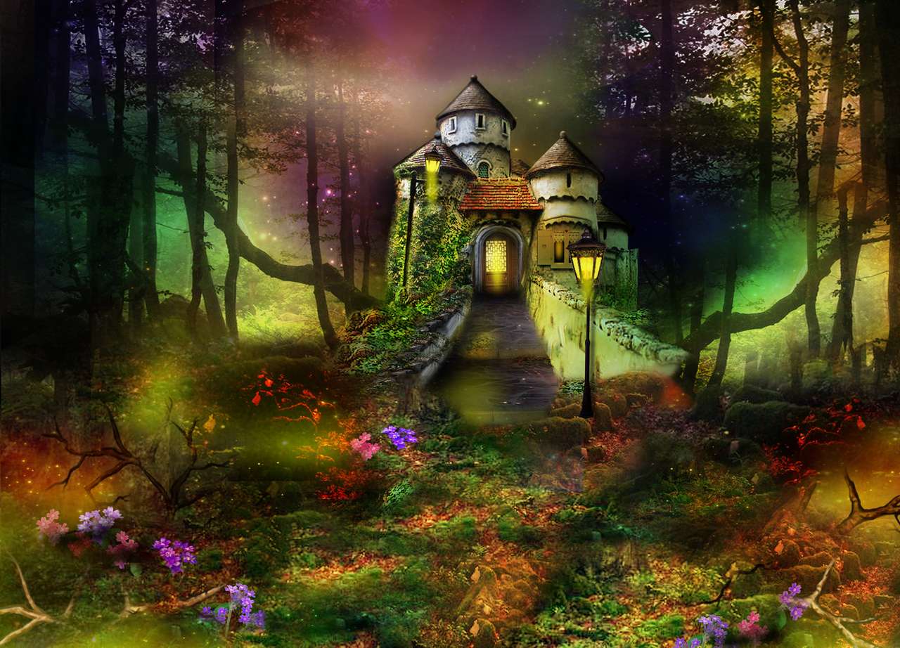 Château de conte de fées dans la forêt de contes de fées puzzle en ligne