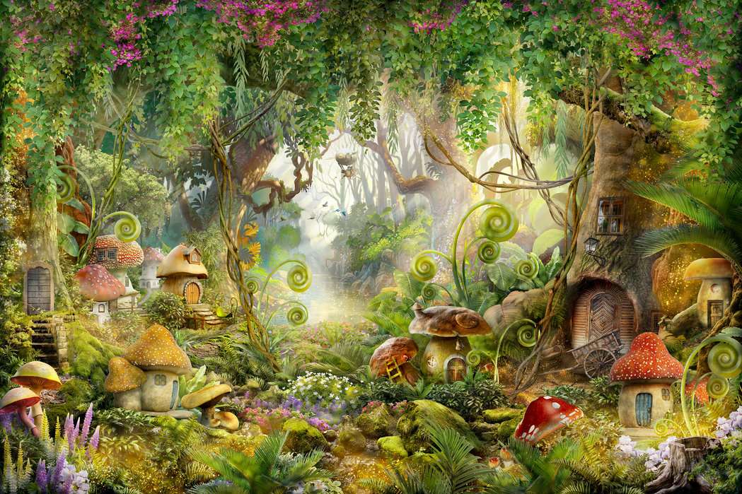 Foresta da favola con molte case di funghi puzzle online