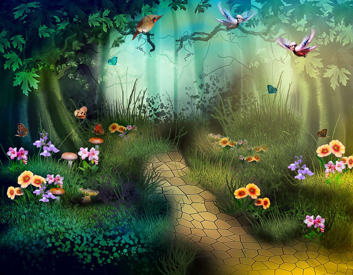 Sprookjesbos met kleurrijke bloemenvlinders legpuzzel online