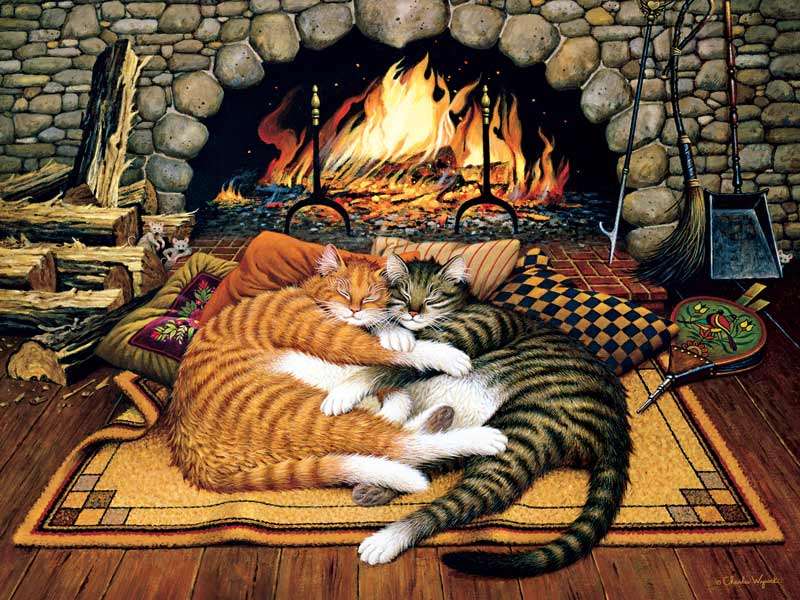 γατάκια που κοιμούνται δίπλα στο τζάκι παζλ online