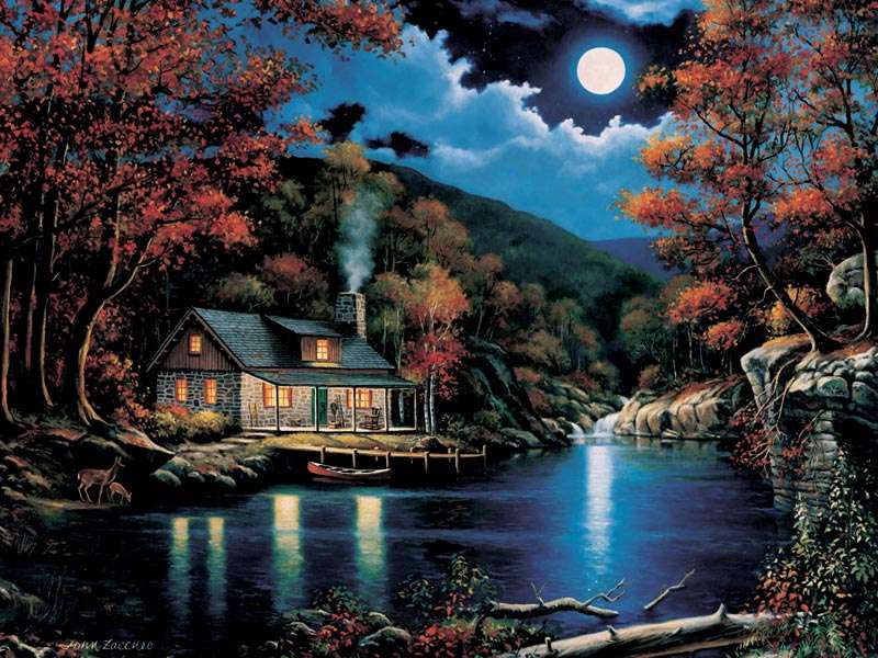 casa à beira do rio à noite puzzle online