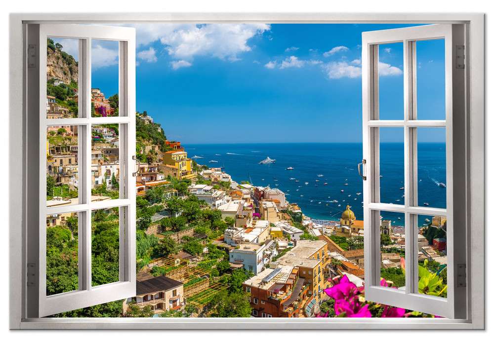 Schöne Landschaft durch das Fenster sichtbar Puzzlespiel online