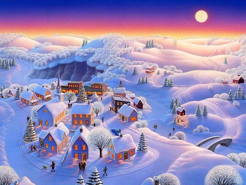 Зимовий пейзаж із селом пазл онлайн