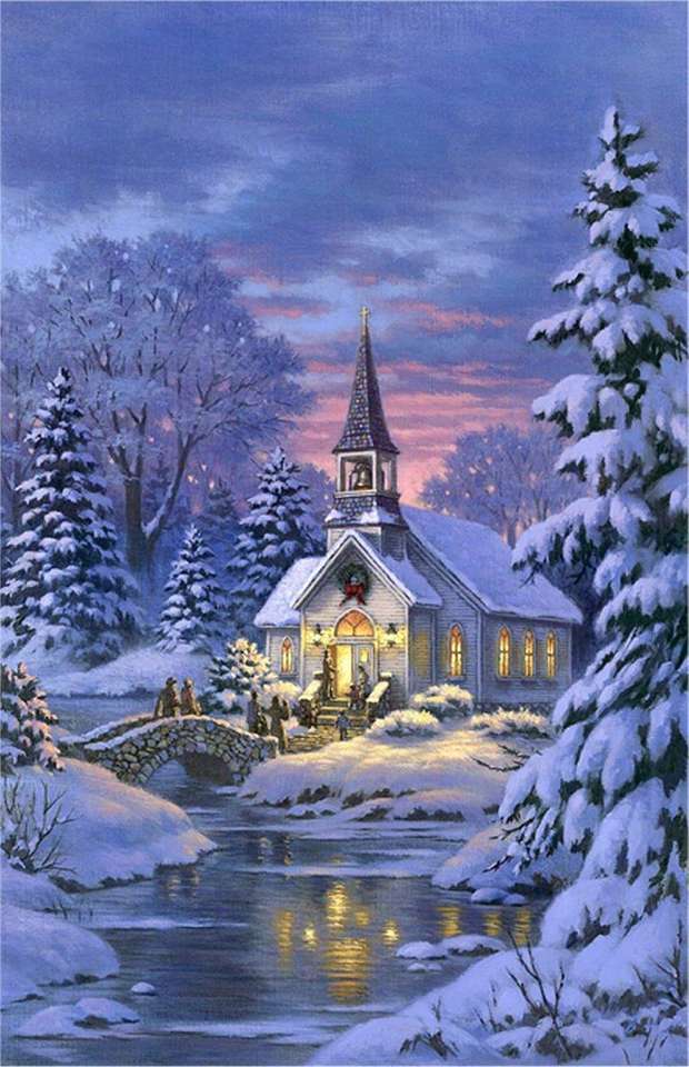 Peisajul de iarnă al bisericii de brazi puzzle online