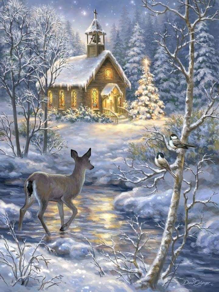 Winter landscape church and deer jigsaw puzzle online