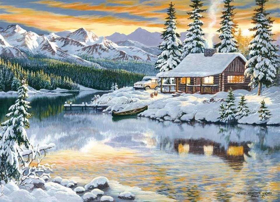 Озерний будинок в зимовий пейзаж онлайн пазл