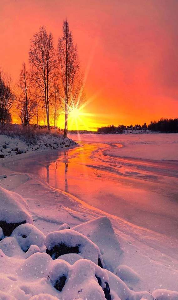 Χειμερινό τοπίο και ηλιοβασίλεμα online παζλ