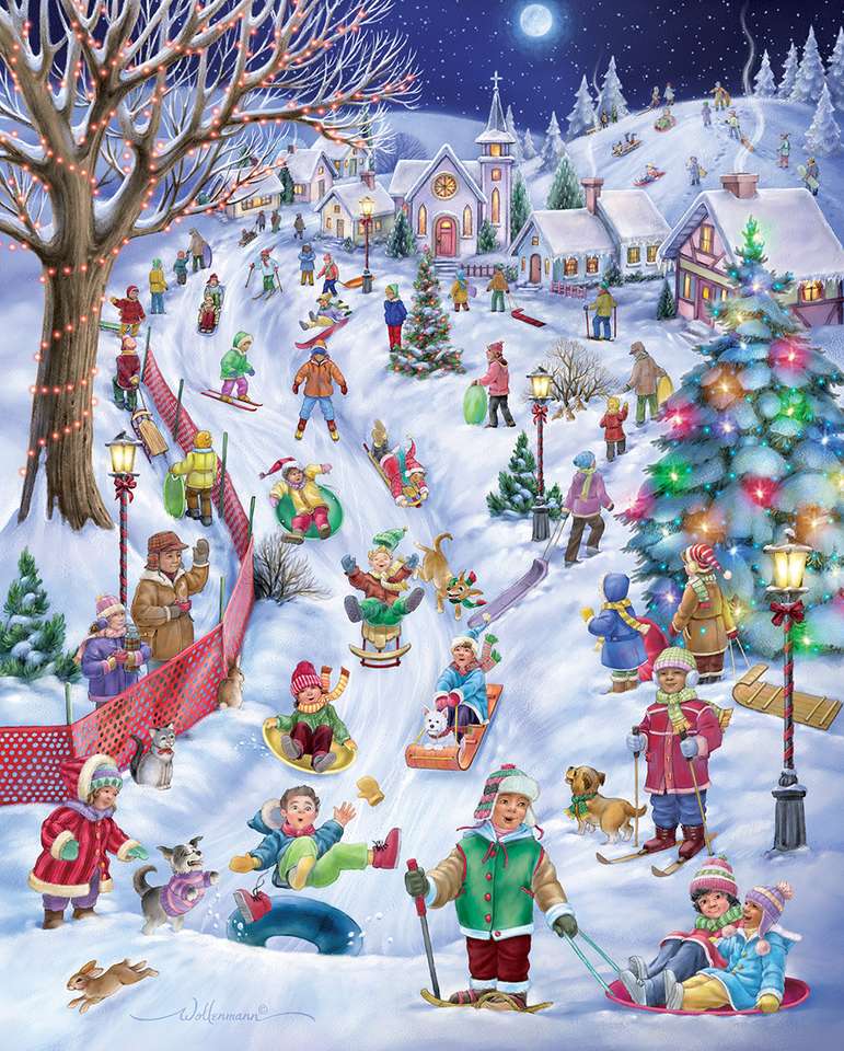 Village à Noël Les enfants jouent dans la neige puzzle en ligne
