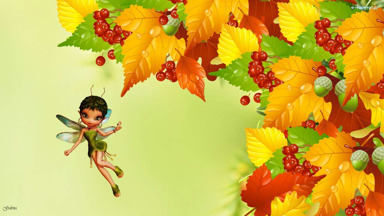 uma boneca voando em volta das folhas puzzle online