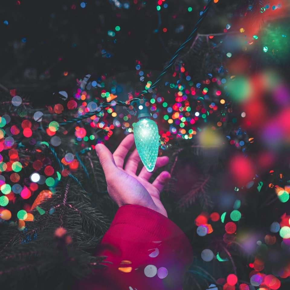 bokeh photography of person holding green string light online puzzle