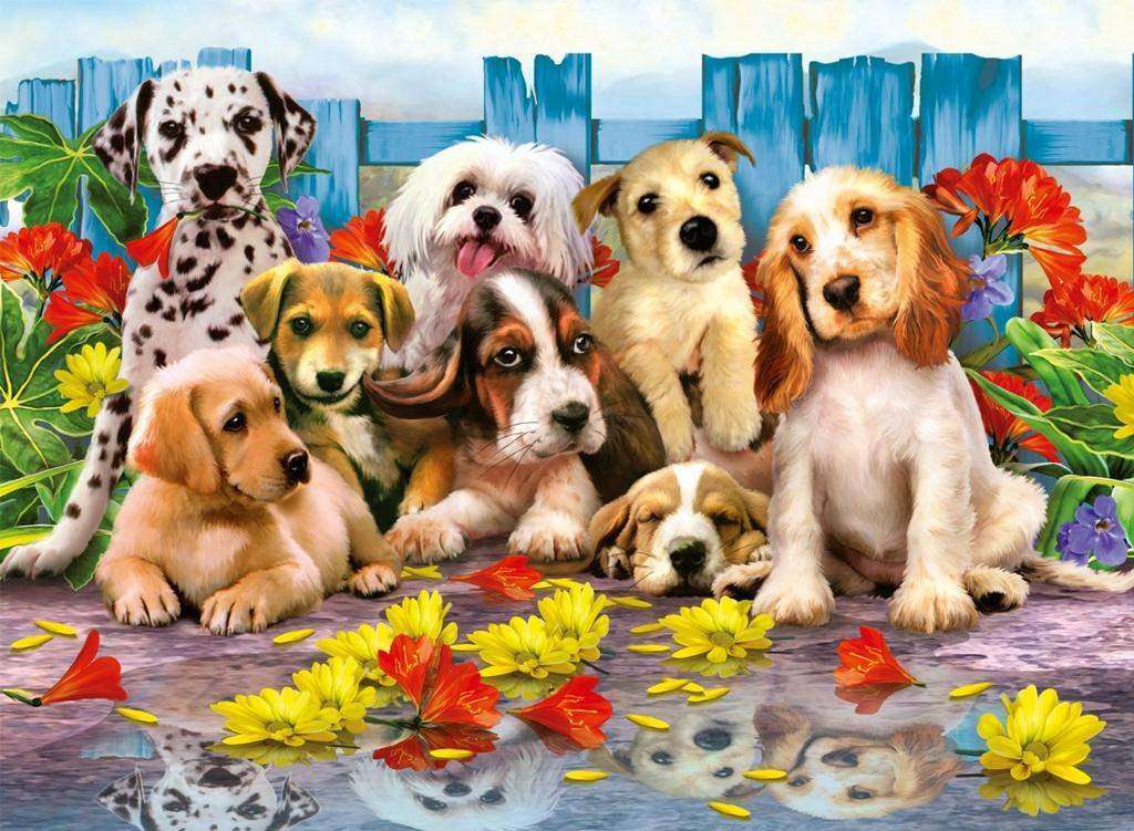 chiens parmi les fleurs près de la clôture puzzle en ligne