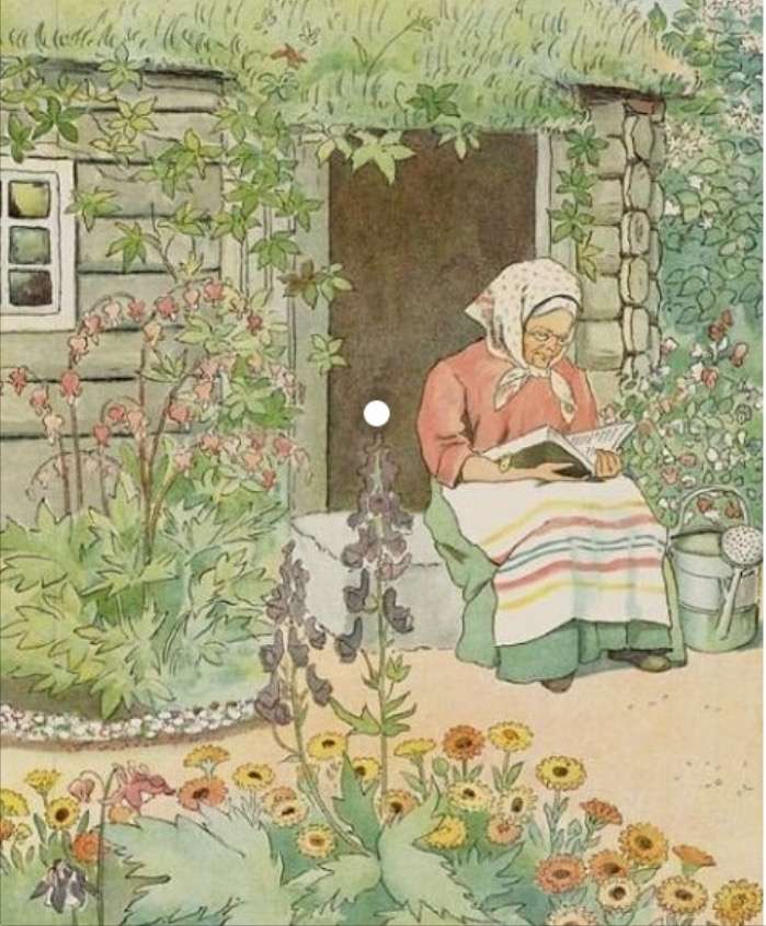 babička si čte na zápraží pussel på nätet