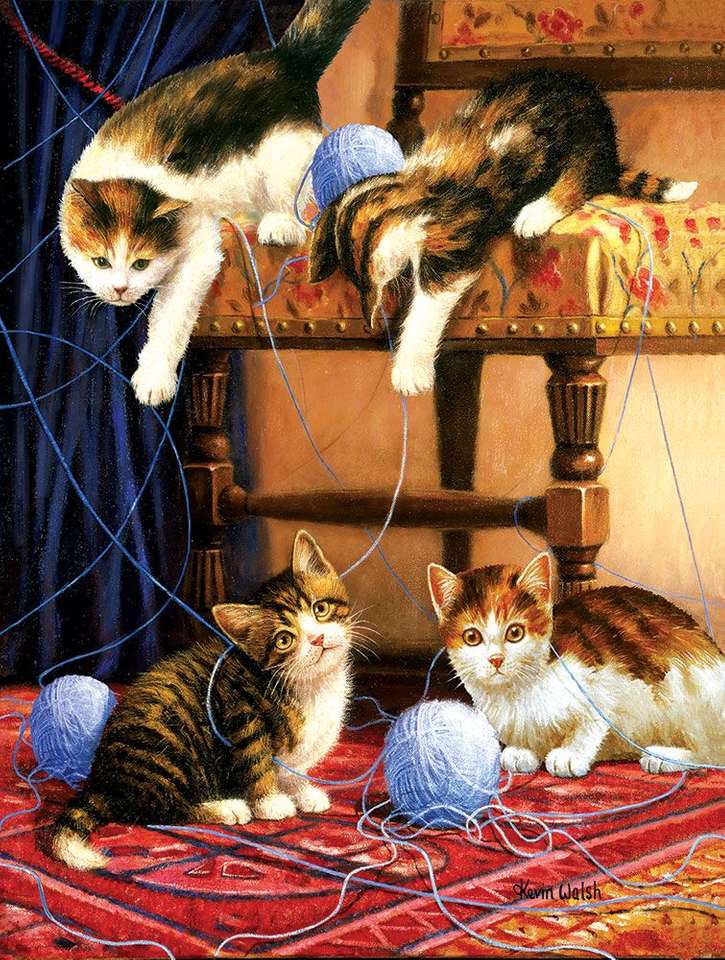 котенца, играещи с вълнени топки онлайн пъзел
