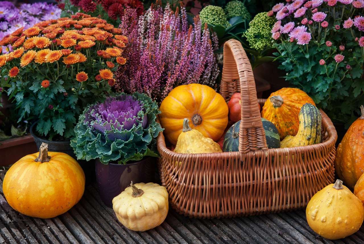 Autumn decoration with pumpkins and plants online puzzle