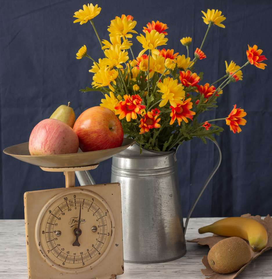 Asters with fruits and apples on a weighing machine jigsaw puzzle online