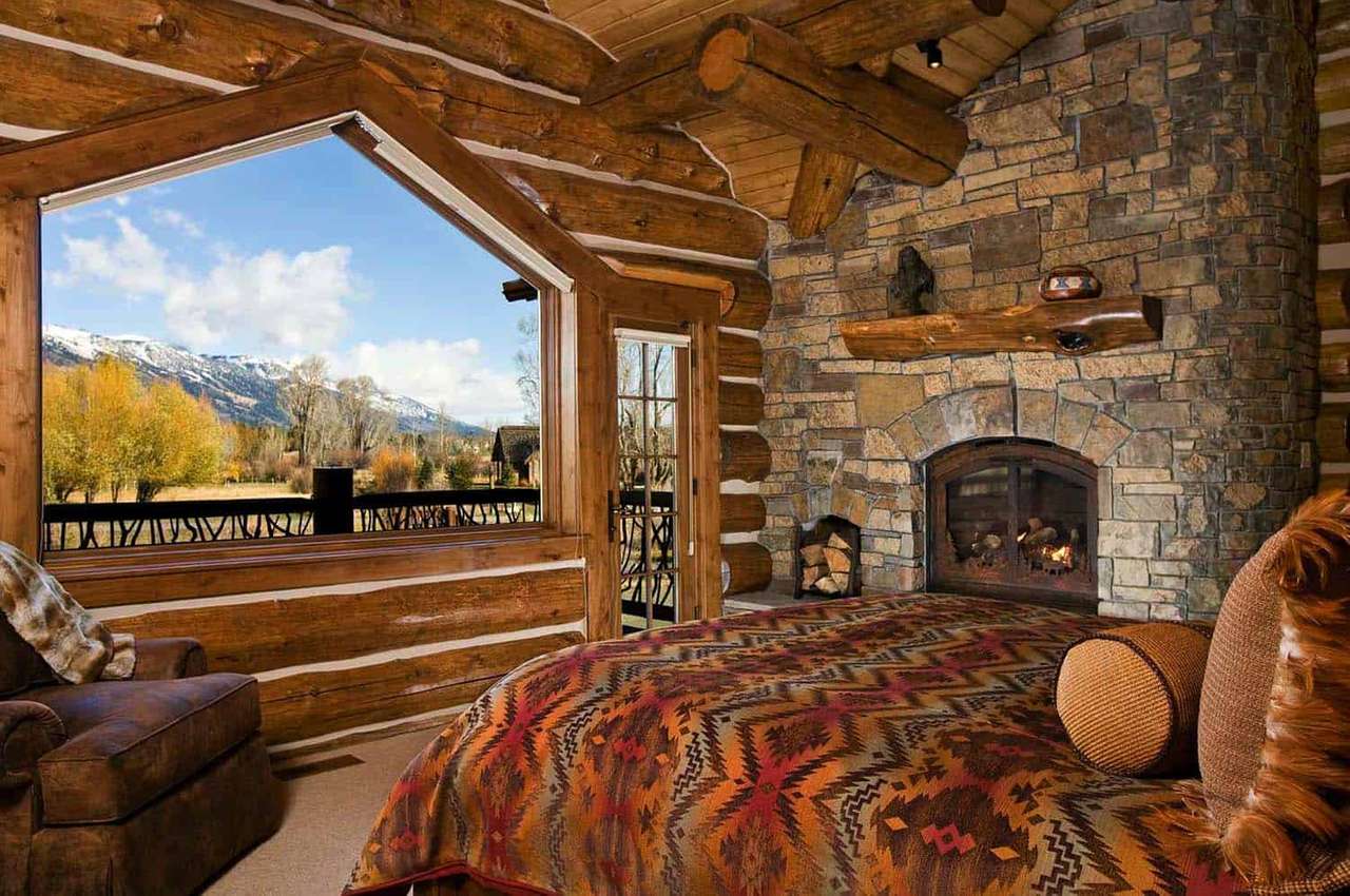 Cameră supraetajată cu cabină din lemn, cu vedere la fereastră puzzle online