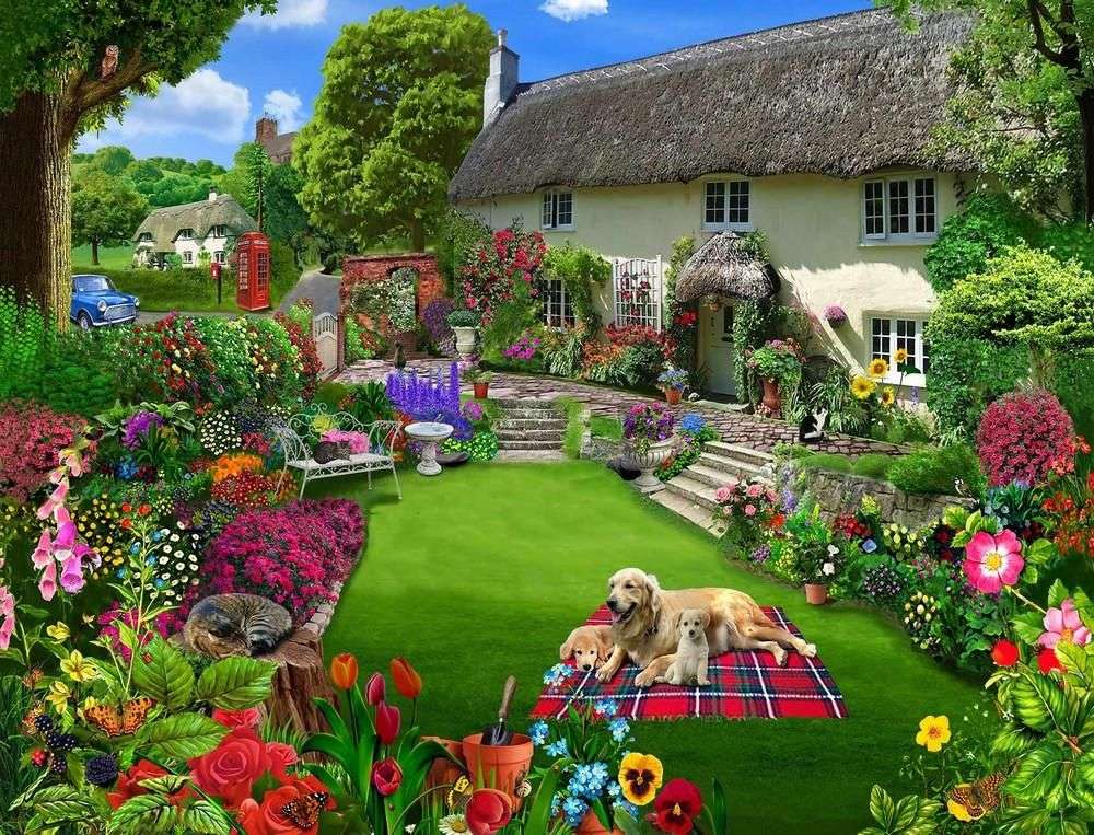 Casă Cu Grădină Și Câini jigsaw puzzle online