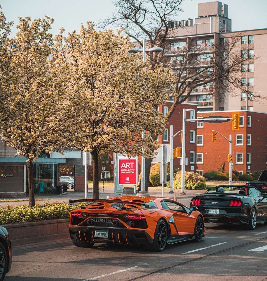 Autos parkten am Straßenrand in der Nähe eines braunen Gebäudes Online-Puzzle