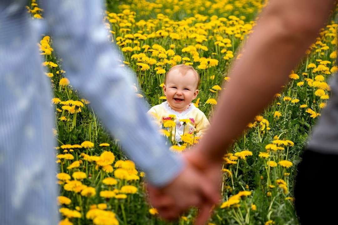 niña en camisa blanca de pie en el campo de flores amarillas rompecabezas en línea