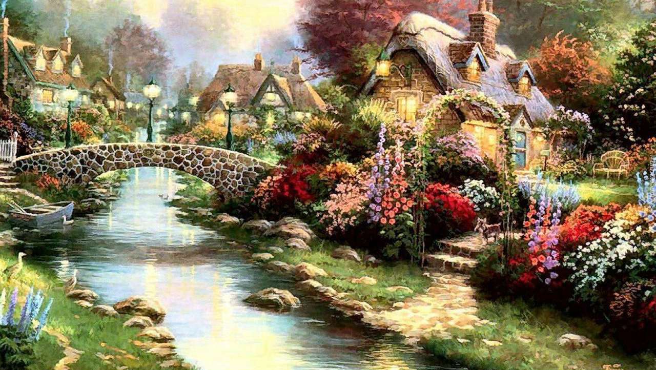 Μικρό σπίτι δίπλα στον ποταμό ανάμεσα σε λουλούδια online παζλ