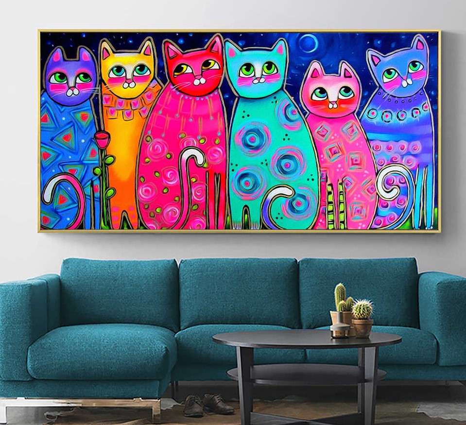 猫の大きな写真が飾られたリビングルーム オンラインパズル