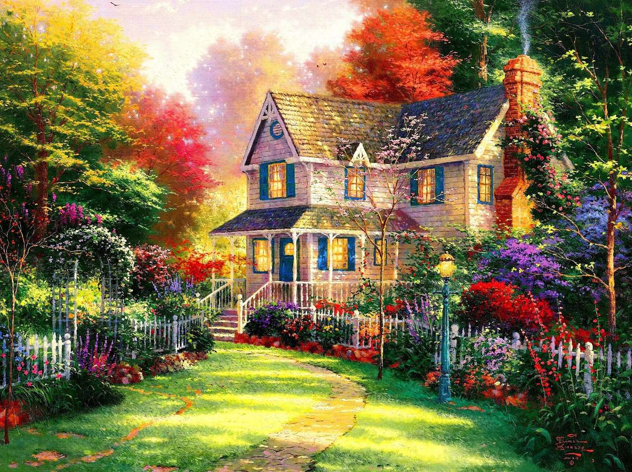 Huset är omgivet av färgglada blommor pussel på nätet