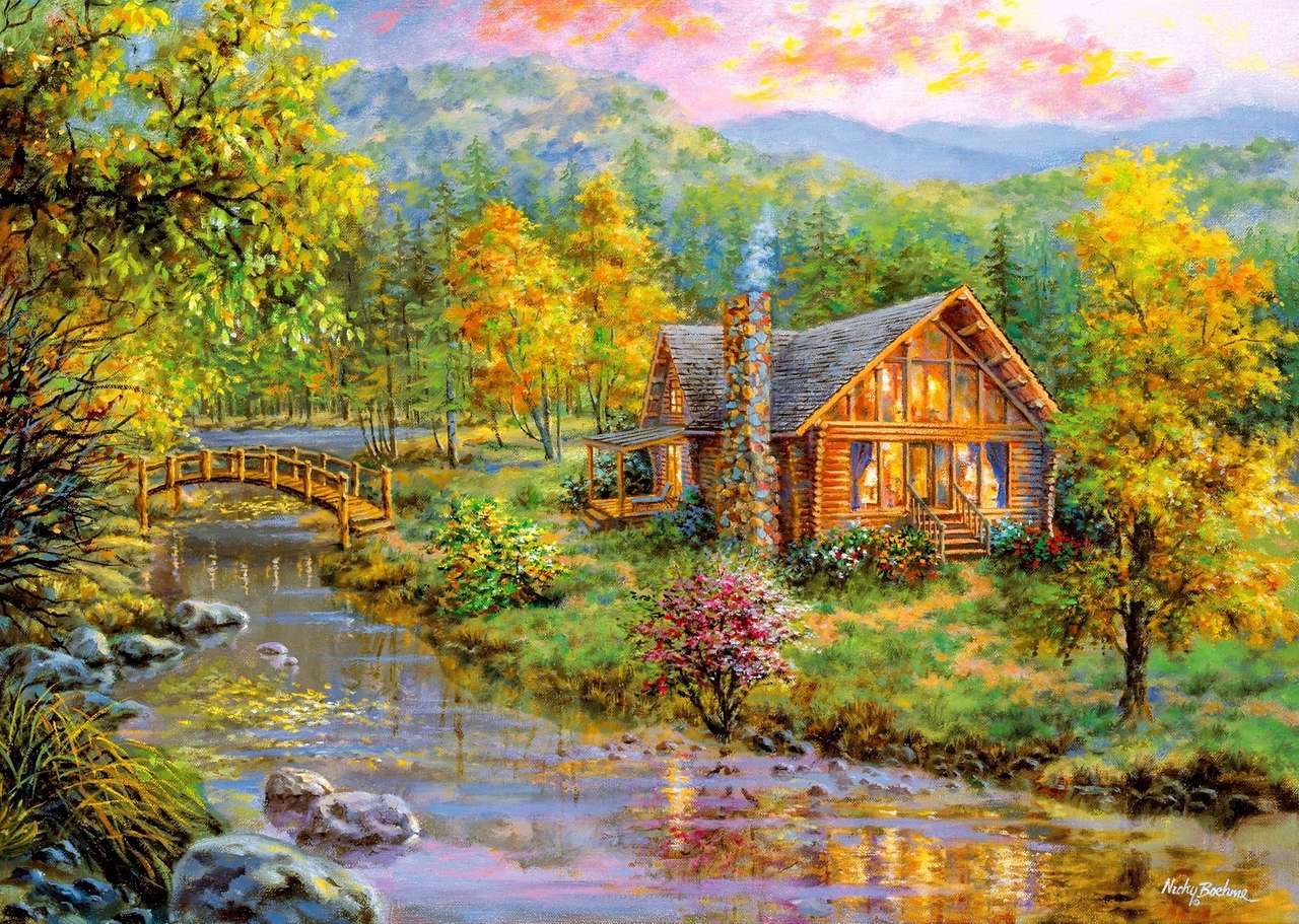 Une petite maison en bois près du pont puzzle en ligne