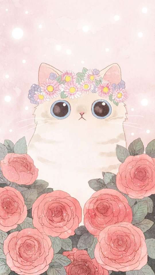 macska kawaii virágok kirakós online