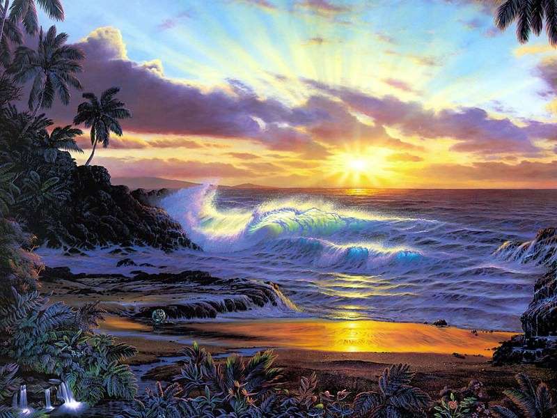 Wellen im Meer, Sonnenaufgang Online-Puzzle