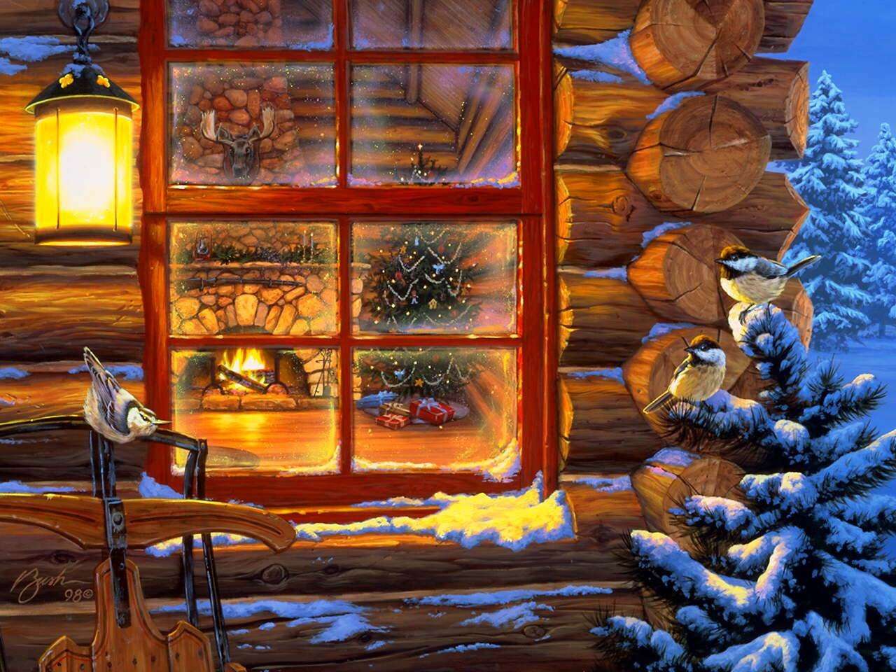 Картина Рождество в бревенчатом домике пазл онлайн