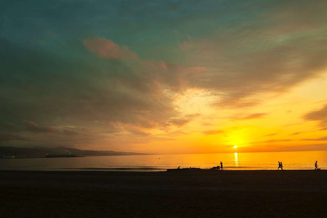 silueta de personas en la playa durante la puesta de sol rompecabezas en línea