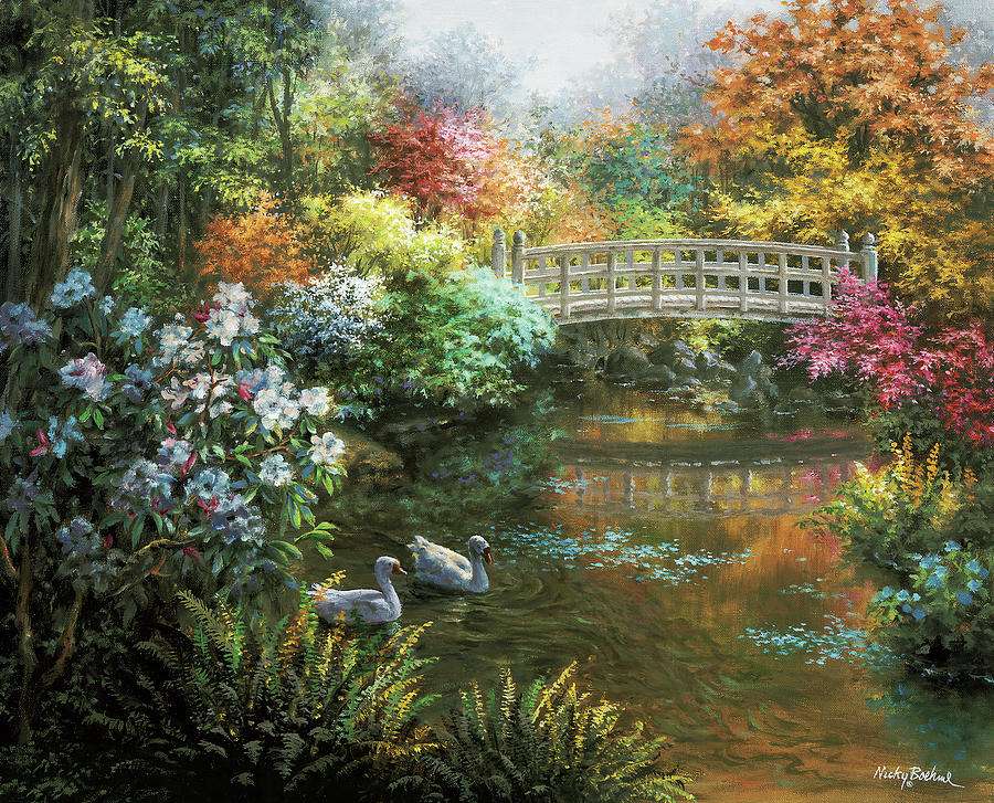 Gemälde Teich mit Brücke Online-Puzzle