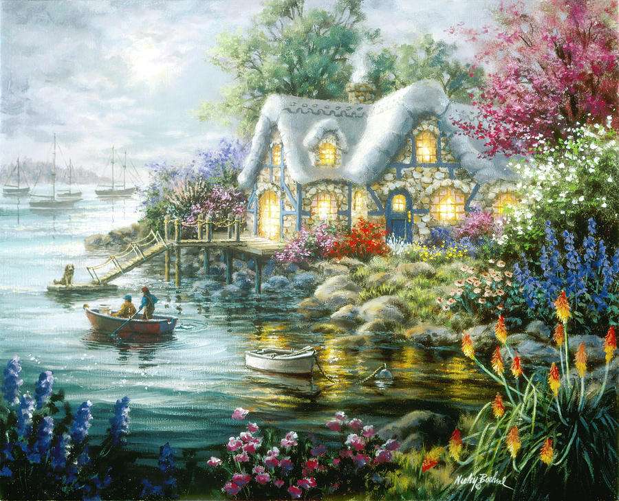Dipinto casa sull'acqua con barche puzzle online