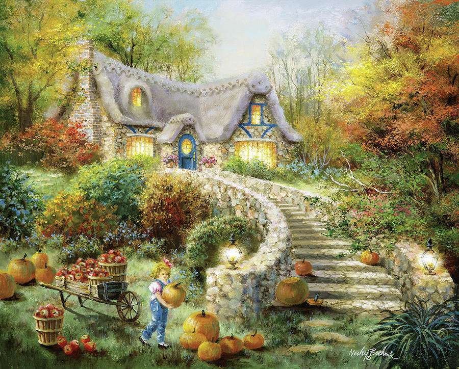 Картина Дом в деревне Урожай тыквы онлайн-пазл