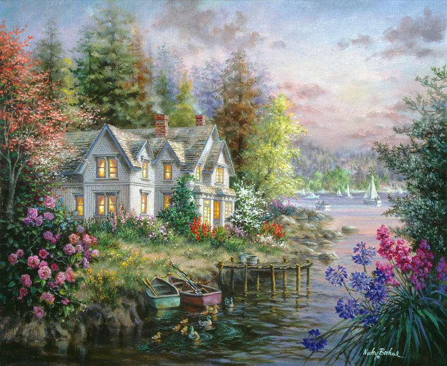 Pintura de casa à beira do lago quebra-cabeças online
