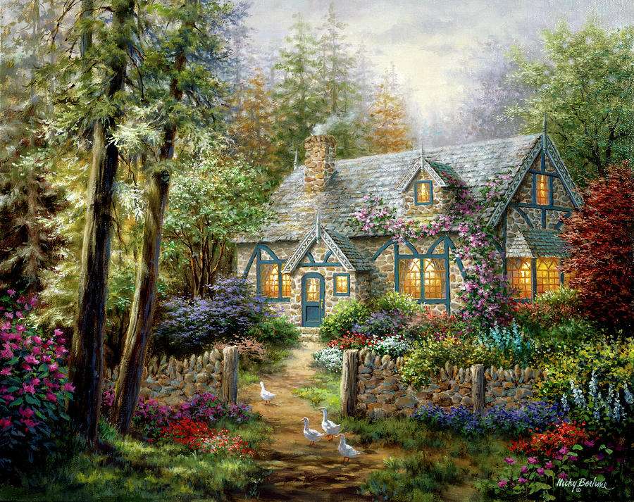 Gemälde Haus im Wald mit Garten Puzzlespiel online