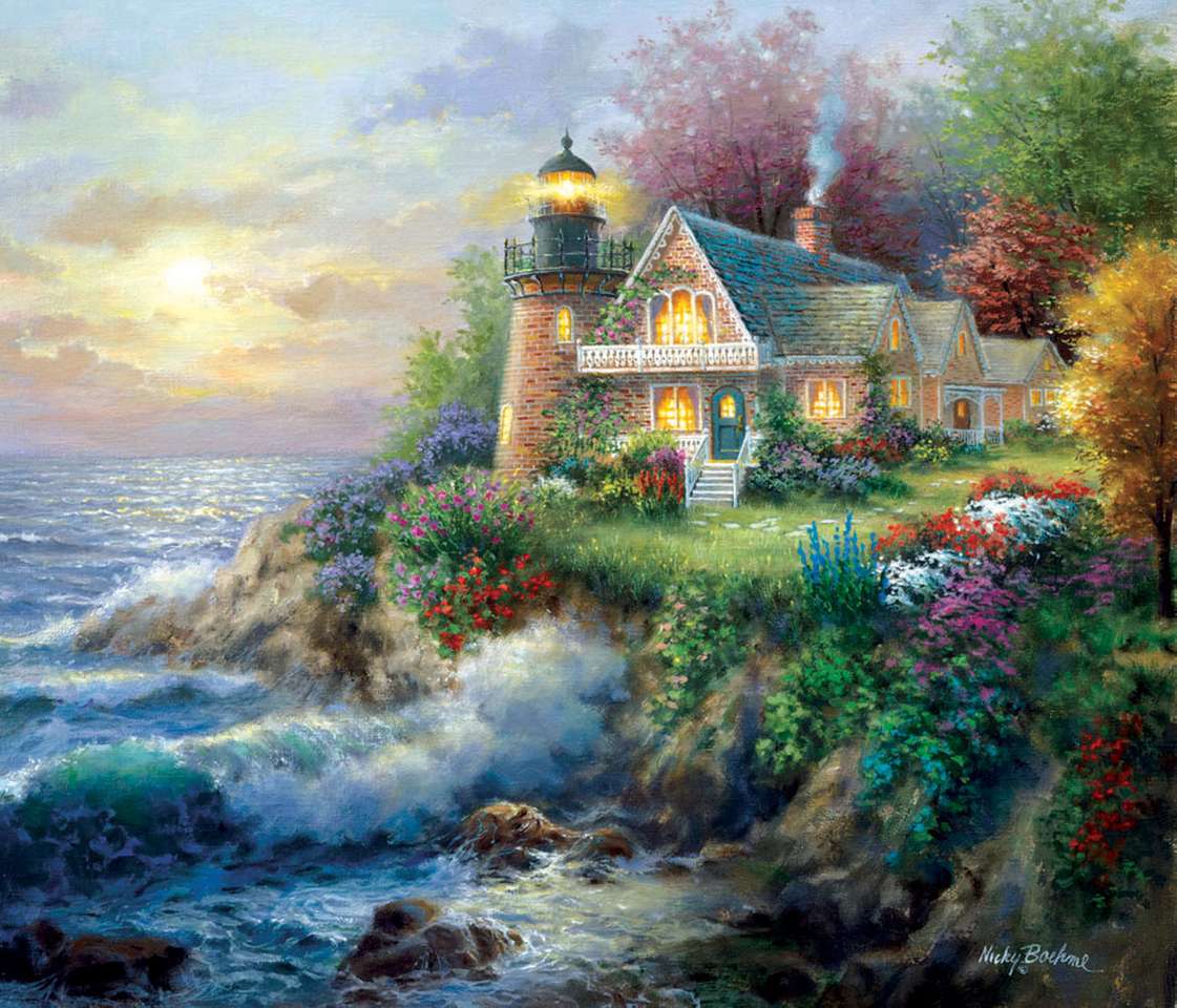 Peinture maison avec phare au bord de la mer puzzle en ligne