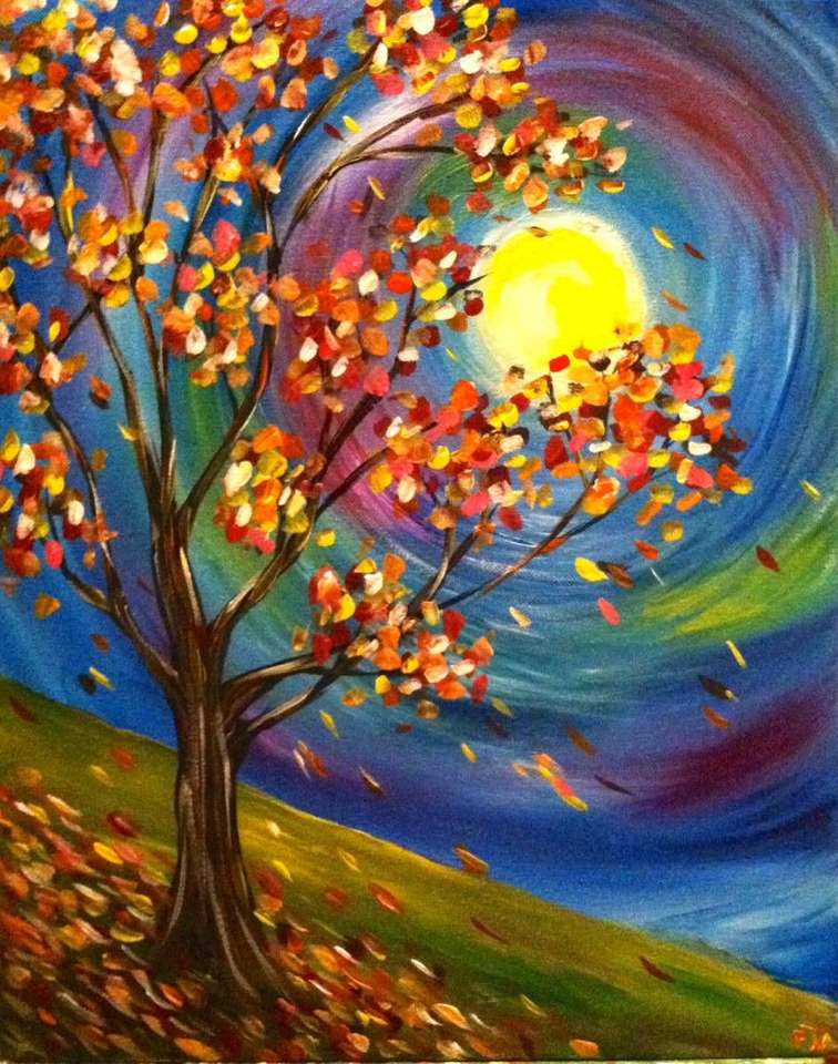 Pintura árbol en otoño luna rompecabezas en línea