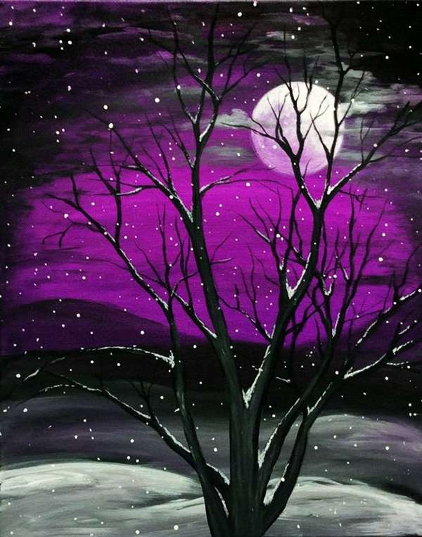 Gemälde Baum im Winter Mond Puzzlespiel online