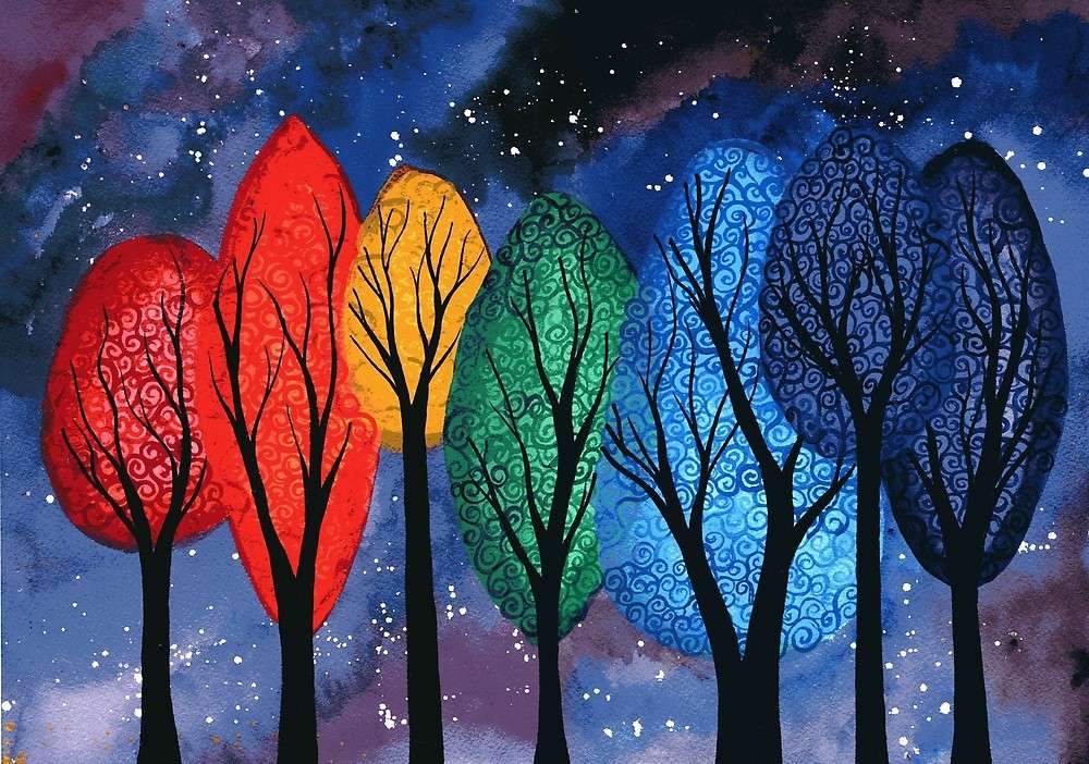Malování barevných stromů v noci online puzzle