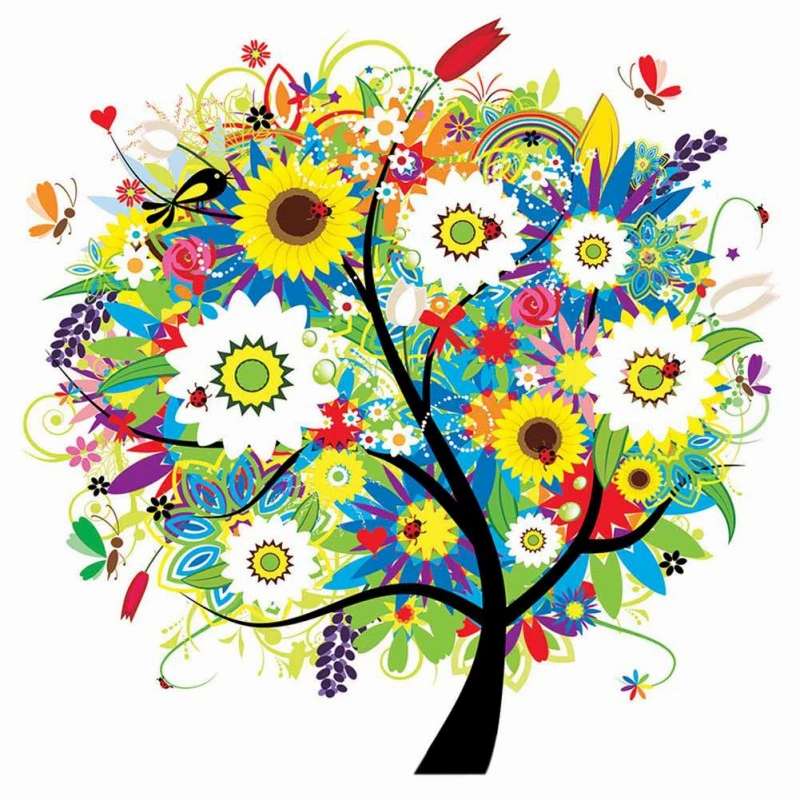 Боядисване на дърво с цветя в много цветове онлайн пъзел