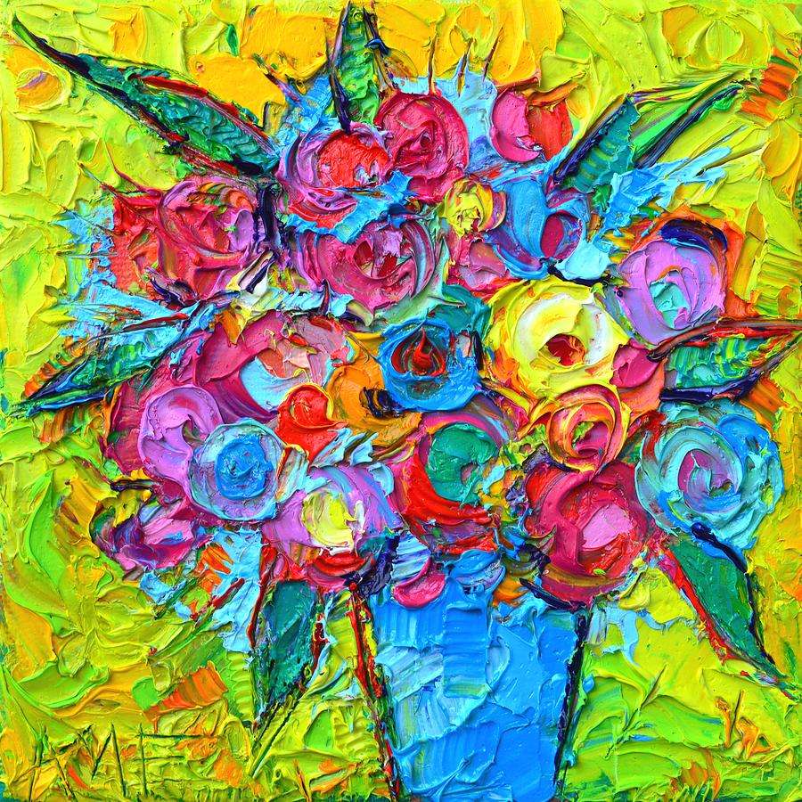 Blauwe vaas met kleurrijke bloemen schilderen online puzzel