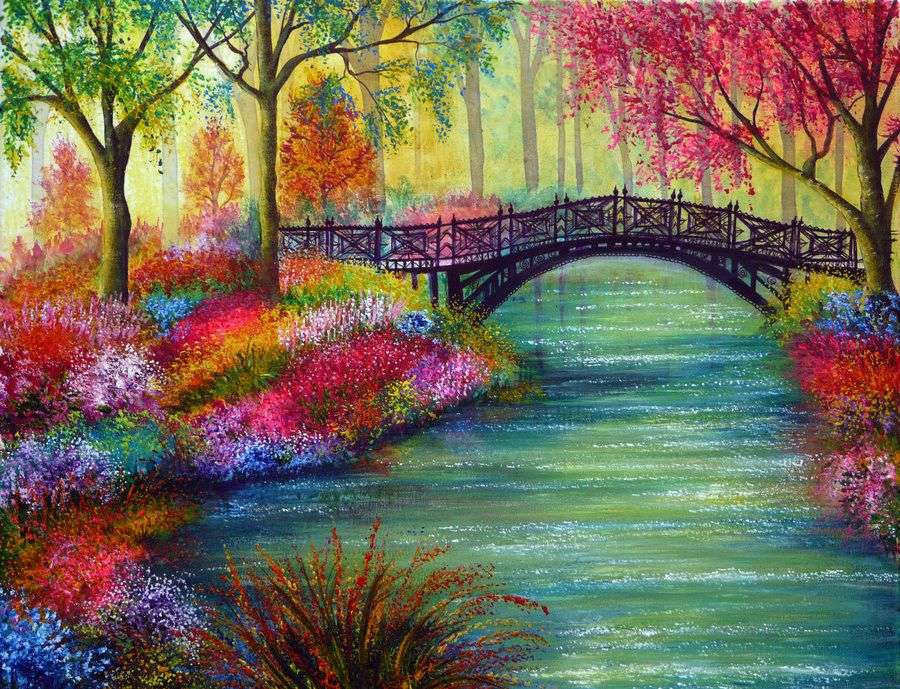 Paesaggio del parco di pittura con fiume e ponte puzzle online