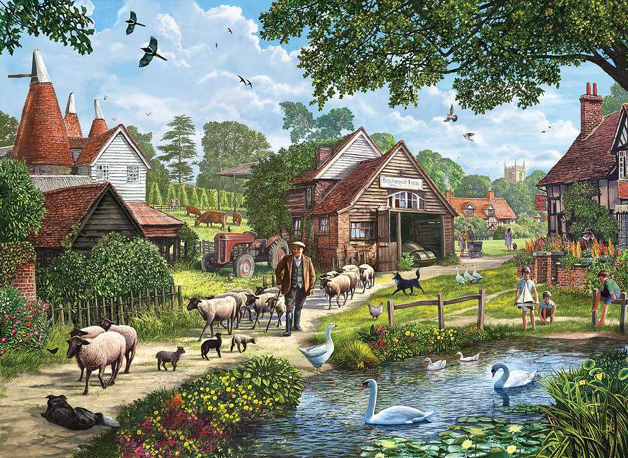 mit Schafen durch das Dorf Puzzlespiel online