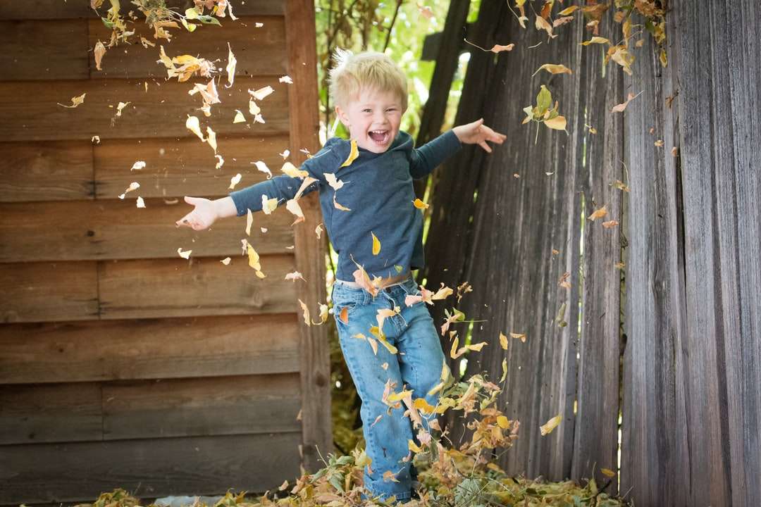 фото хлопчика біля паркану з падаючим листям пазл онлайн