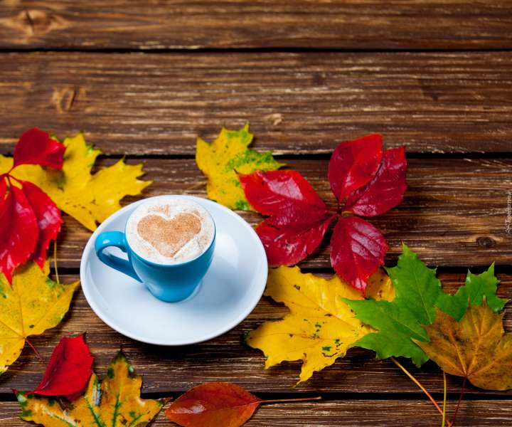 Café e folhas de outono puzzle online