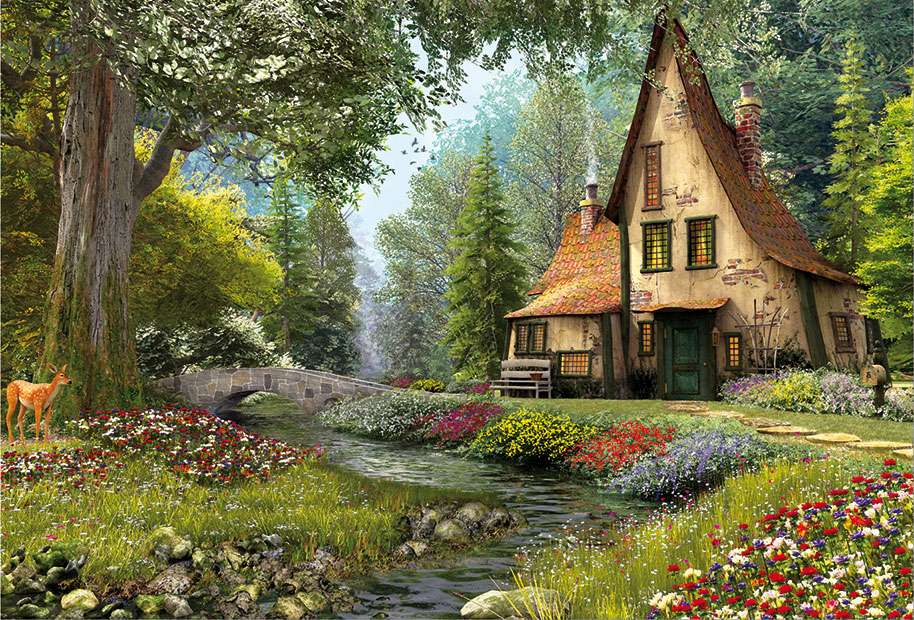 gammalt hus i skogen vid floden pussel på nätet