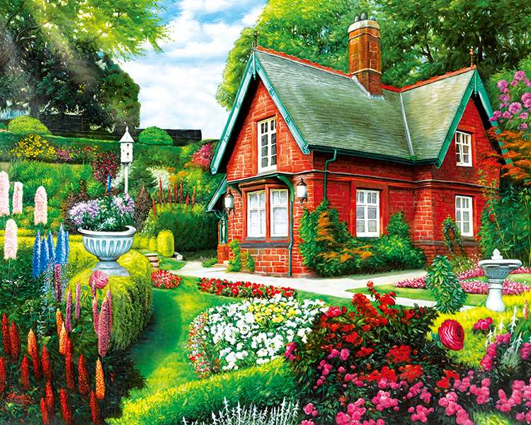 červený dům, květiny na pozemku skládačky online